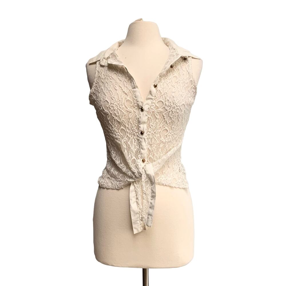 White Sheer Floral Lace Tie Front Button Up Crop Top
